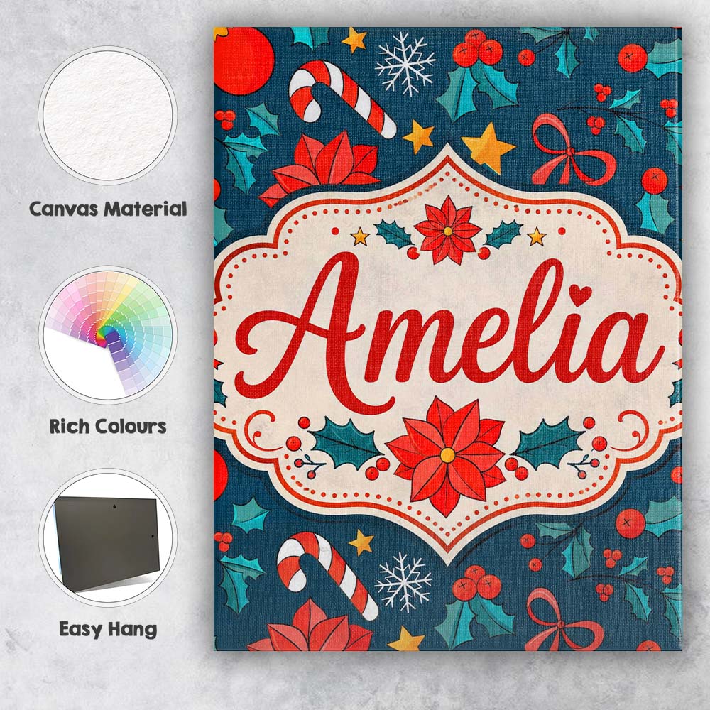 Personalised Name Cute Poinsettia Candy Custom Modern Room Accent Elegant Feature Canvas Wall Art Print Decor Picture Ready to Hang