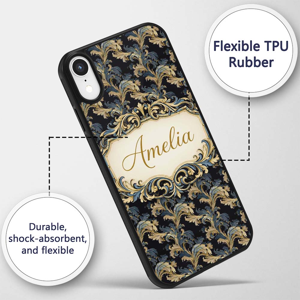 Black Gold Blue Baroque Floral Seamless Elegant Custom Name Protective Phone Case Mobile Cover Durable Everyday Smartphone Shock Resistant