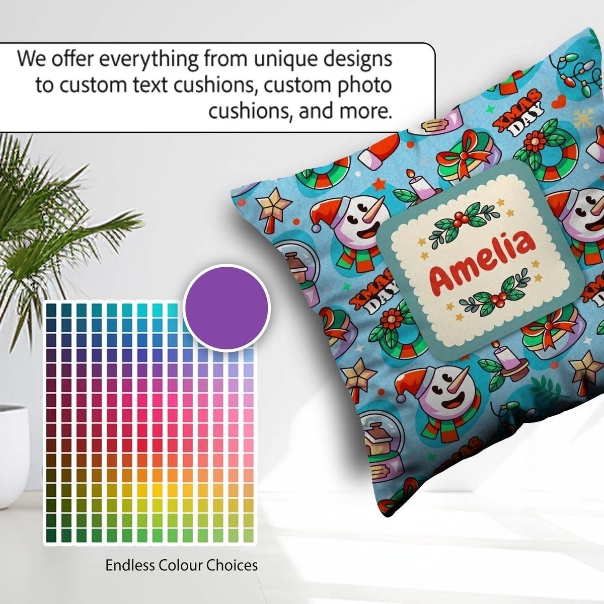Custom Name Cute Snowman Xmas Day Candle Seamless Pattern Winter Square Filled Cushion Throw Pillow Sofa Bed Home Decor Zip Washable UK Made