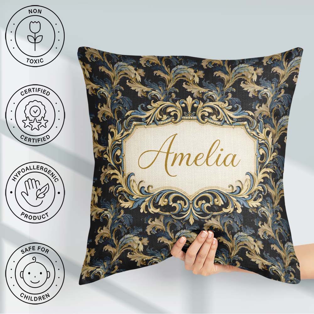 Custom Name Gold Blue Baroque Floral Seamless Elegant Ornamental Square Filled Cushion Throw Pillow Sofa Bed Home Decor Zip Washable UK Made