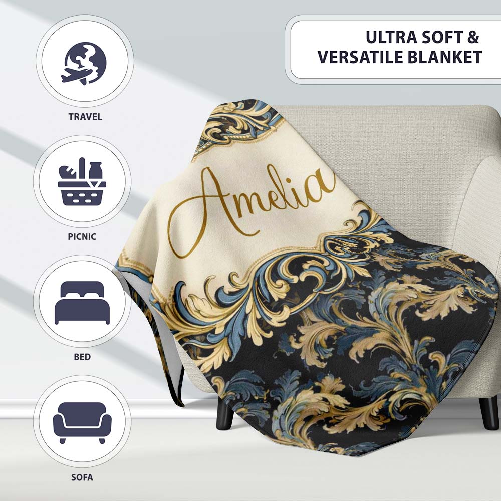 Black Gold Blue Baroque Floral Seamless Elegant Luxury Ornamental Personalised Custom Name Super Soft Fleece Blanket Bed Sofa Throw