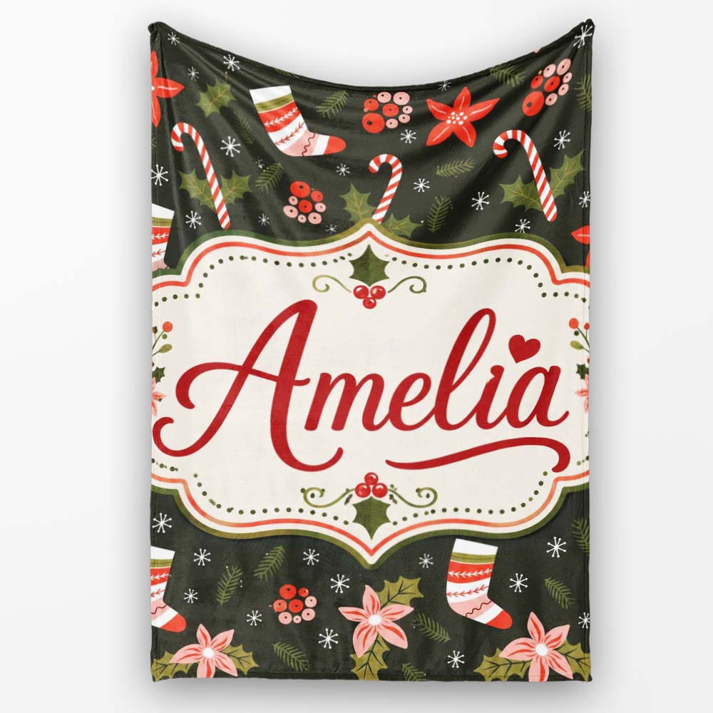 Christmas Stocking Candy Cane Poinsettia Seamless Pattern Festive Personalised Custom Name Super Soft Fleece Blanket Bed Sofa Throw