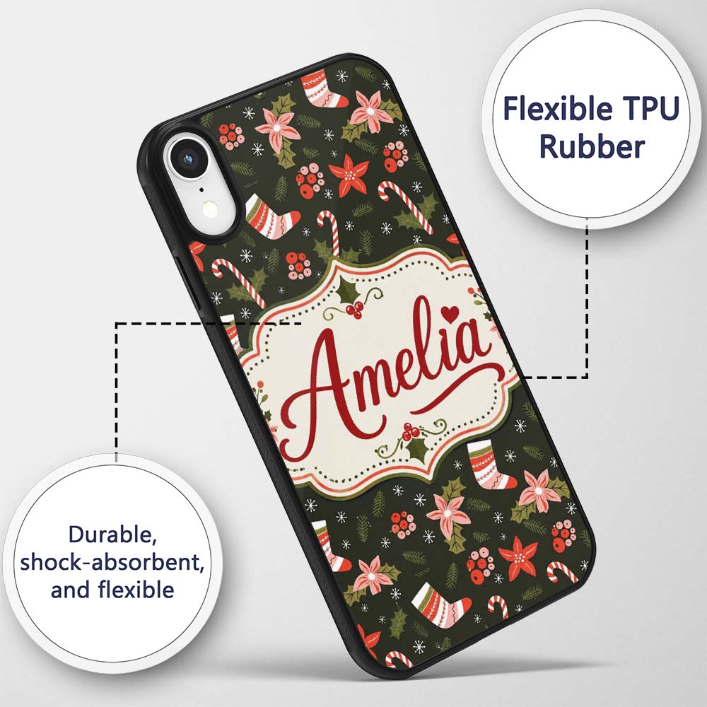 Christmas Stocking Candy Cane Poinsettia Seamless Custom Name Protective Phone Case Mobile Cover Durable Everyday Smartphone Shock Resistant