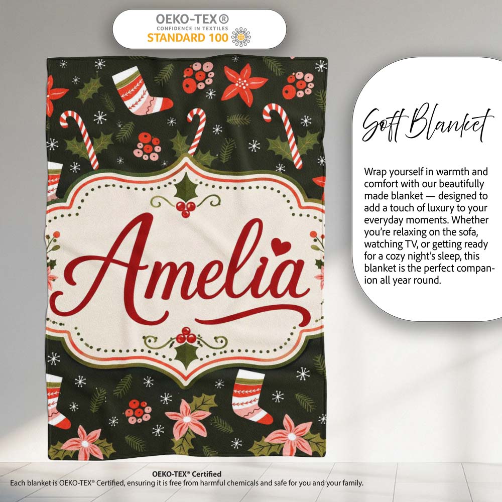 Christmas Stocking Candy Cane Poinsettia Seamless Pattern Festive Personalised Custom Name Super Soft Fleece Blanket Bed Sofa Throw