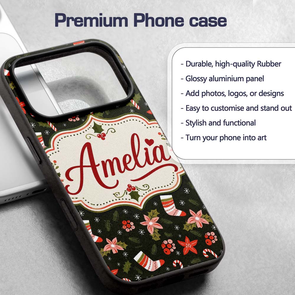 Christmas Stocking Candy Cane Poinsettia Seamless Custom Name Protective Phone Case Mobile Cover Durable Everyday Smartphone Shock Resistant