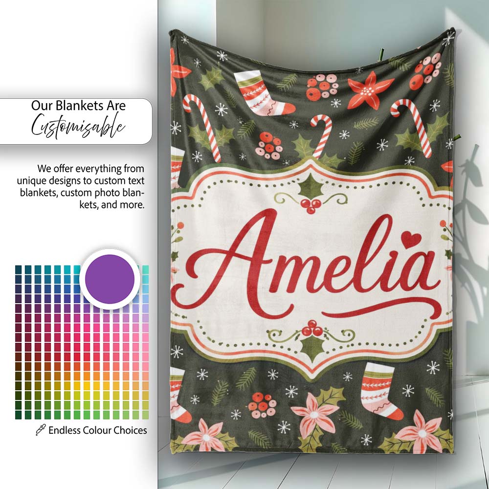 Christmas Stocking Candy Cane Poinsettia Seamless Pattern Festive Personalised Custom Name Super Soft Fleece Blanket Bed Sofa Throw