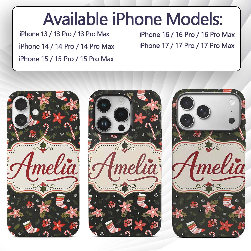 Christmas Stocking Candy Cane Poinsettia Seamless Custom Name Protective Phone Case Mobile Cover Durable Everyday Smartphone Shock Resistant