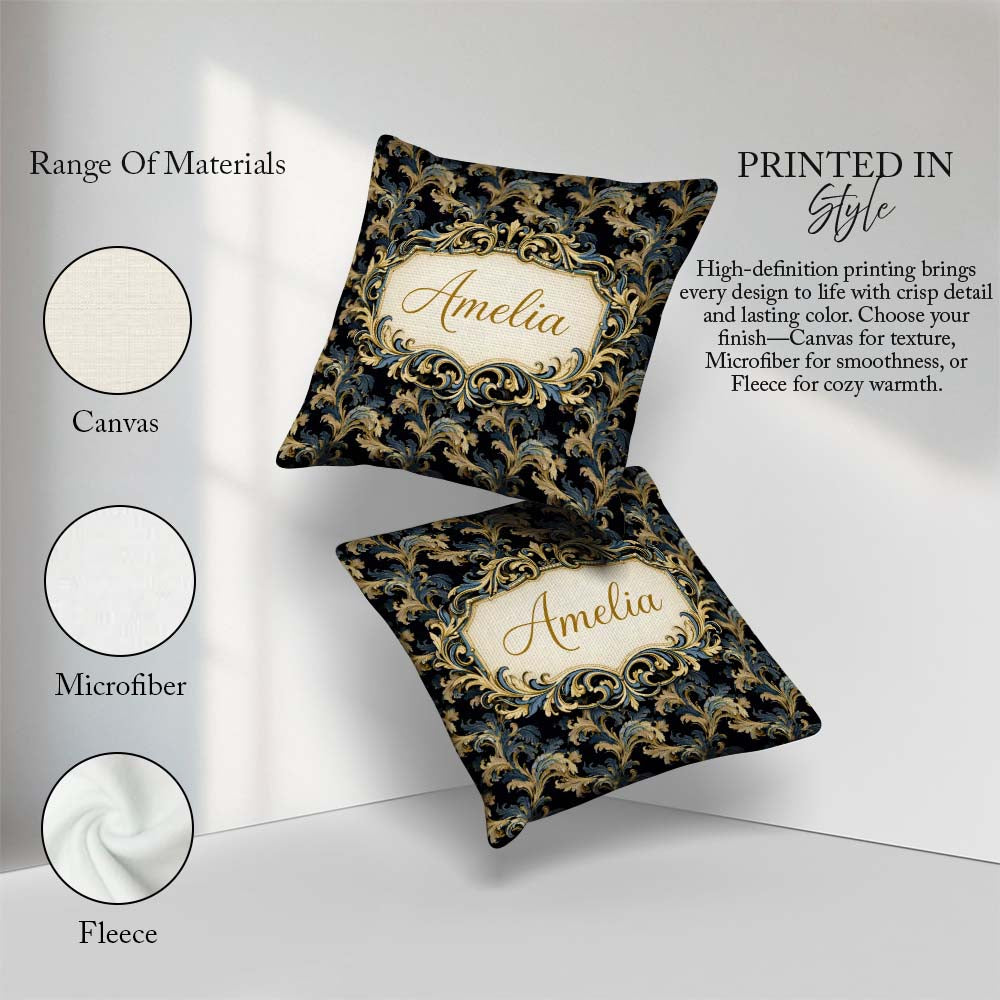 Custom Name Gold Blue Baroque Floral Seamless Elegant Ornamental Square Filled Cushion Throw Pillow Sofa Bed Home Decor Zip Washable UK Made