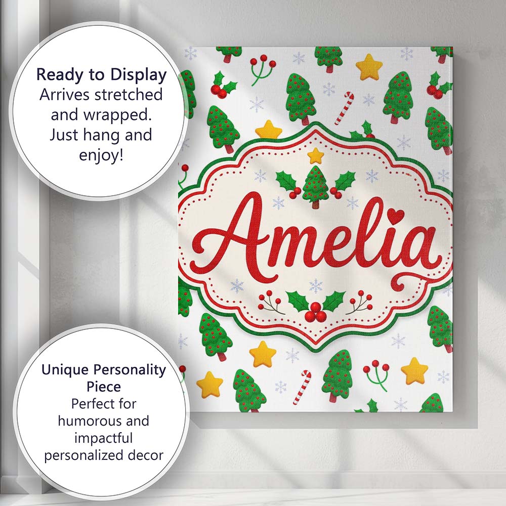 Personalised Name Cute Christmas Tree Candy Custom Bespoke Interior Contemporary Canvas Wall Art Print Decor Picture Ready to Hang