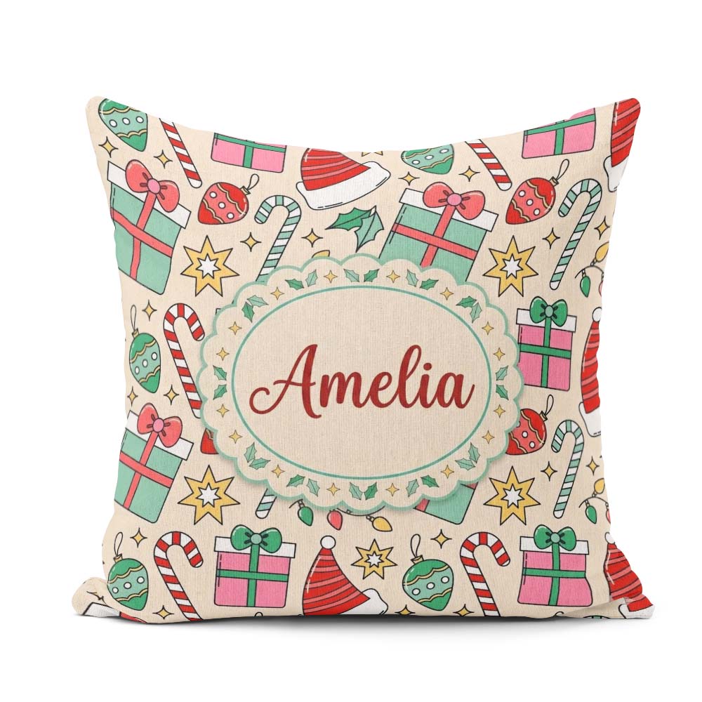 Custom Name Cute Box Candy Cane Hat Ornament Seamless Christmas Square Filled Cushion Throw Pillow Sofa Bed Home Decor Zip Washable UK Made