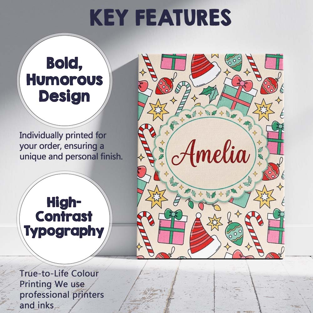 Personalised Name Cute Gift Box Candy Cane Custom Bespoke Contemporary Statement Canvas Wall Art Print Decor Picture Ready to Hang