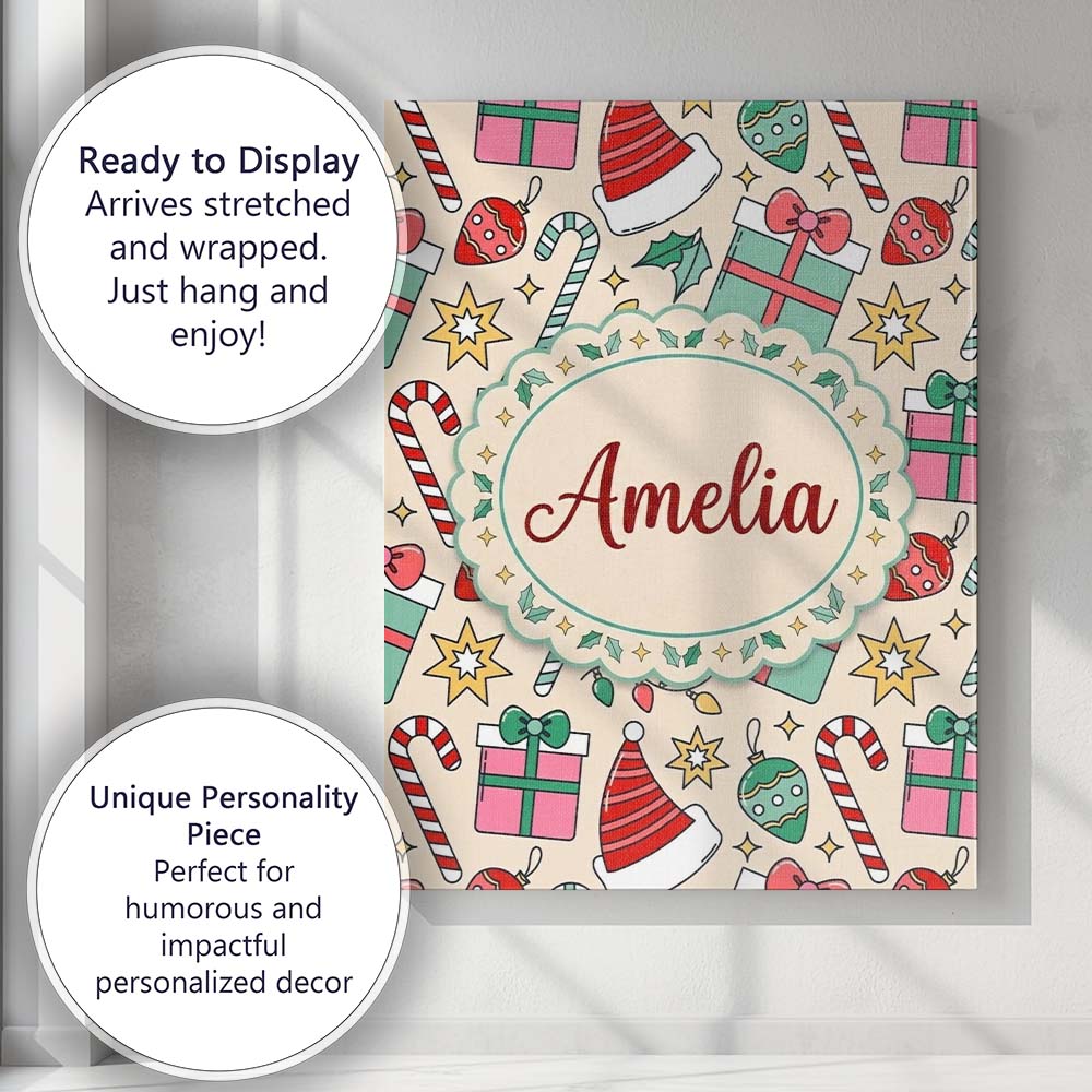 Personalised Name Cute Gift Box Candy Cane Custom Bespoke Contemporary Statement Canvas Wall Art Print Decor Picture Ready to Hang