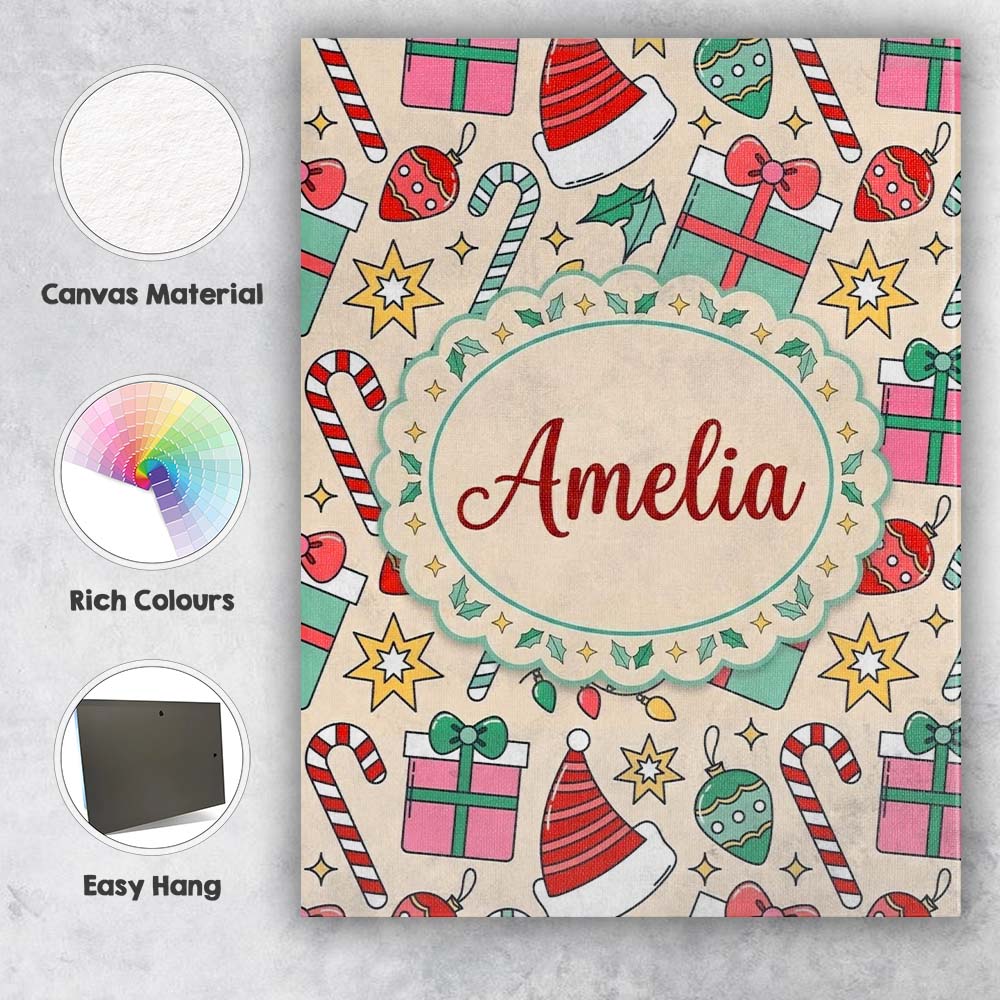 Personalised Name Cute Gift Box Candy Cane Custom Bespoke Contemporary Statement Canvas Wall Art Print Decor Picture Ready to Hang