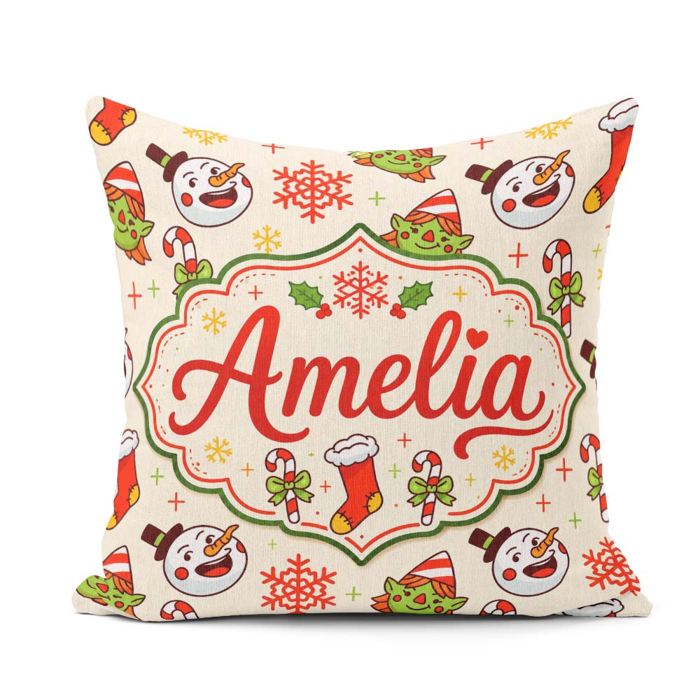 Custom Name Snowman Elf Candy Cane Stocking Seamless Pattern Fun Square Filled Cushion Throw Pillow Sofa Bed Home Decor Zip Washable UK Made