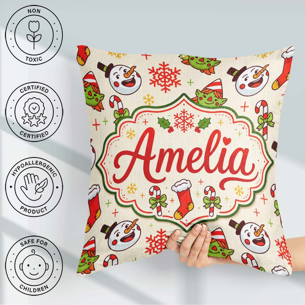 Custom Name Snowman Elf Candy Cane Stocking Seamless Pattern Fun Square Filled Cushion Throw Pillow Sofa Bed Home Decor Zip Washable UK Made