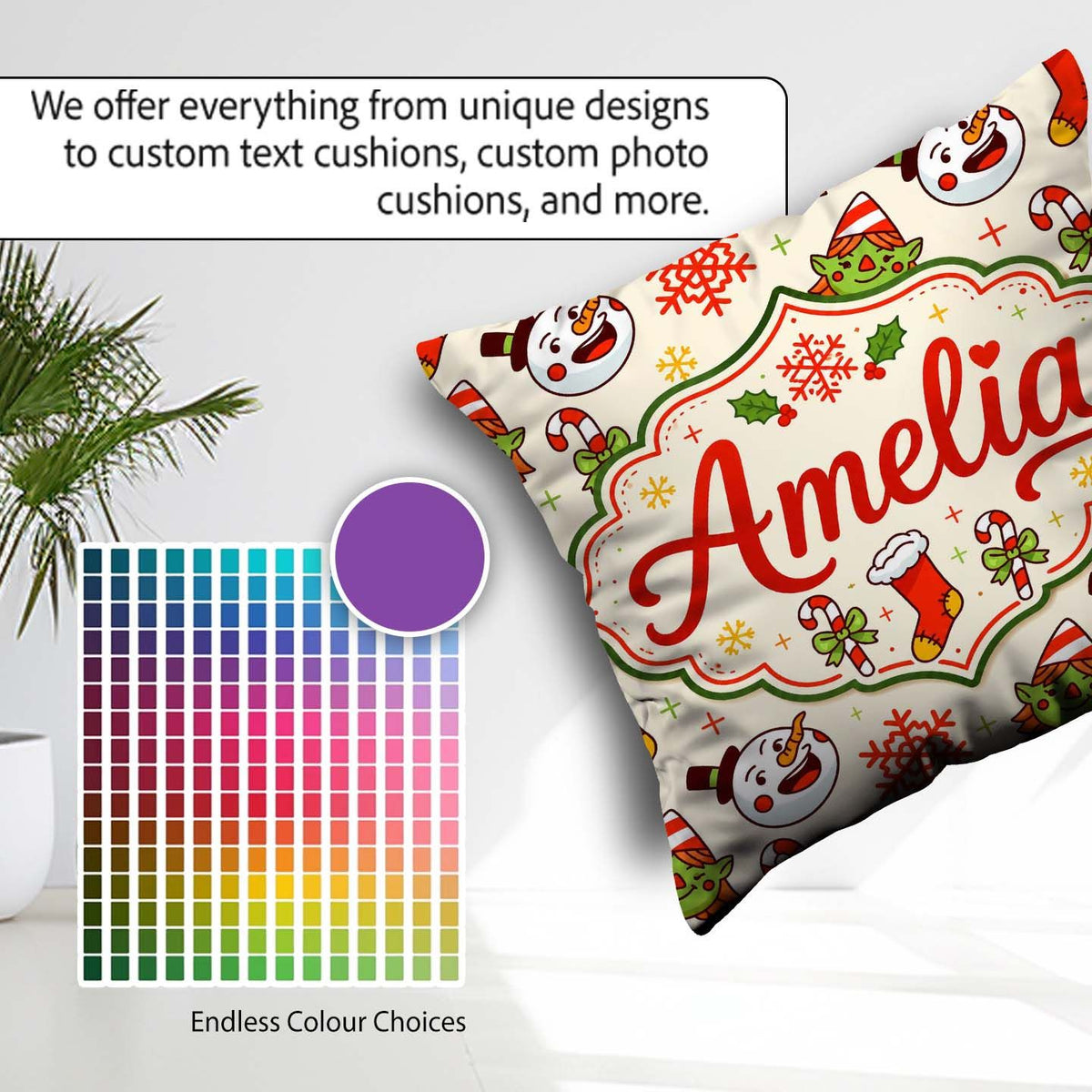 Custom Name Snowman Elf Candy Cane Stocking Seamless Pattern Fun Square Filled Cushion Throw Pillow Sofa Bed Home Decor Zip Washable UK Made
