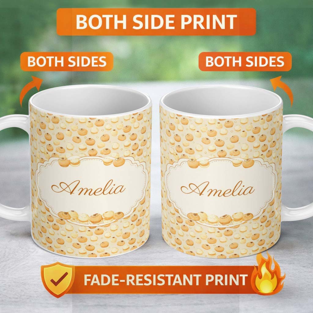 Personalized Custom Name Tea Party Dessert and Cake Vintage Seamless Pattern Cute Unique Gift 11oz Ceramic Coffee Tea Mug White Large Handle