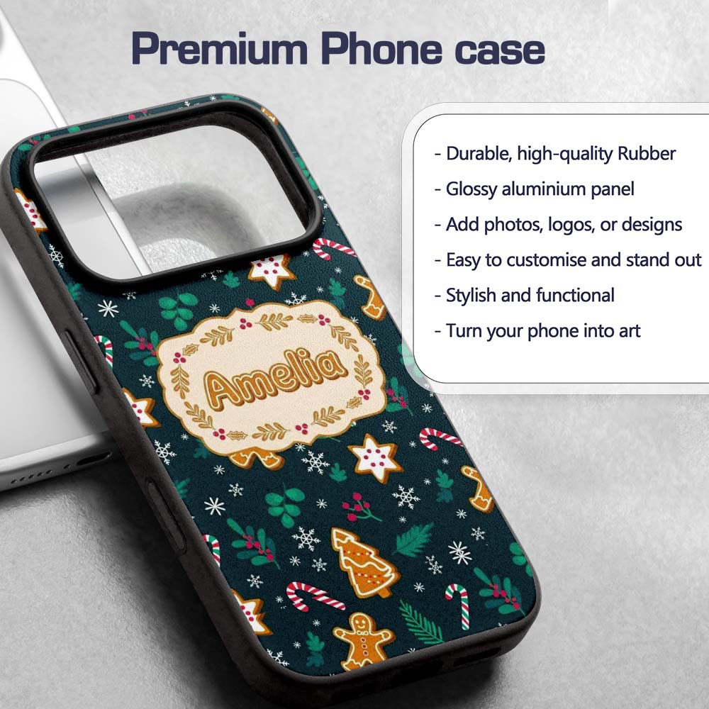 Cute Gingerbread Candy Cane Star Holly Seamless Custom Name Protective Phone Case Mobile Cover Durable Everyday Smartphone Shock Resistant