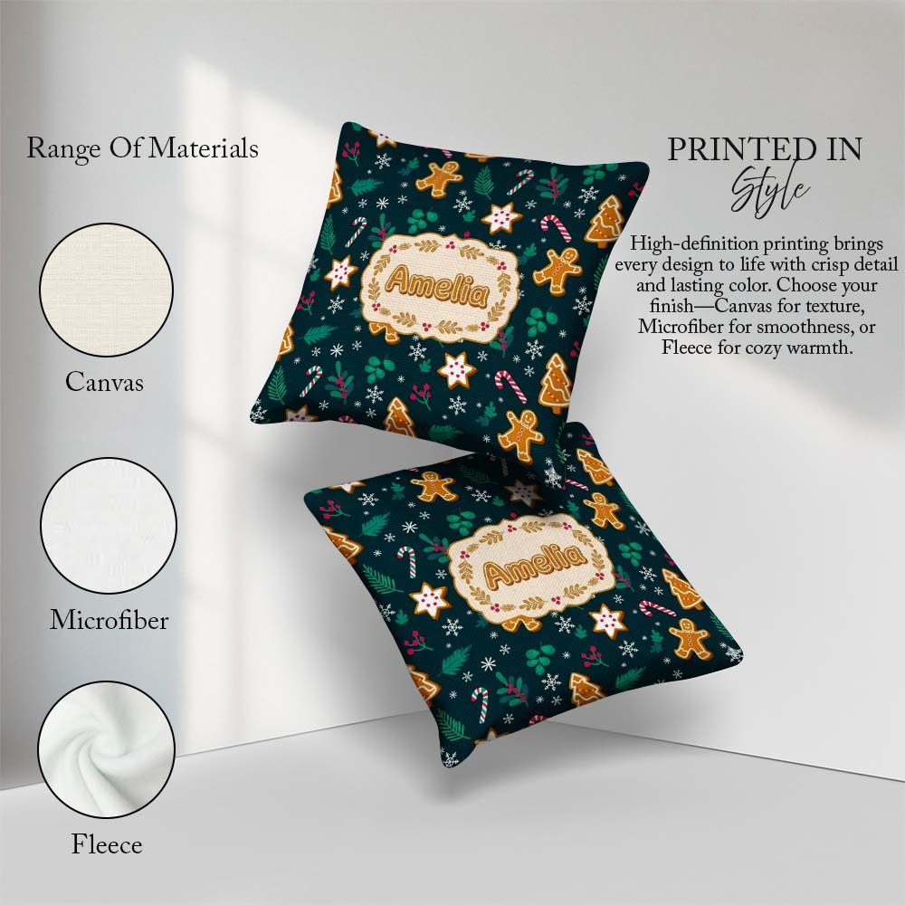 Custom Name Cute Candy Cane Star Holly Seamless Pattern Festive Square Filled Cushion Throw Pillow Sofa Bed Home Decor Zip Washable UK Made