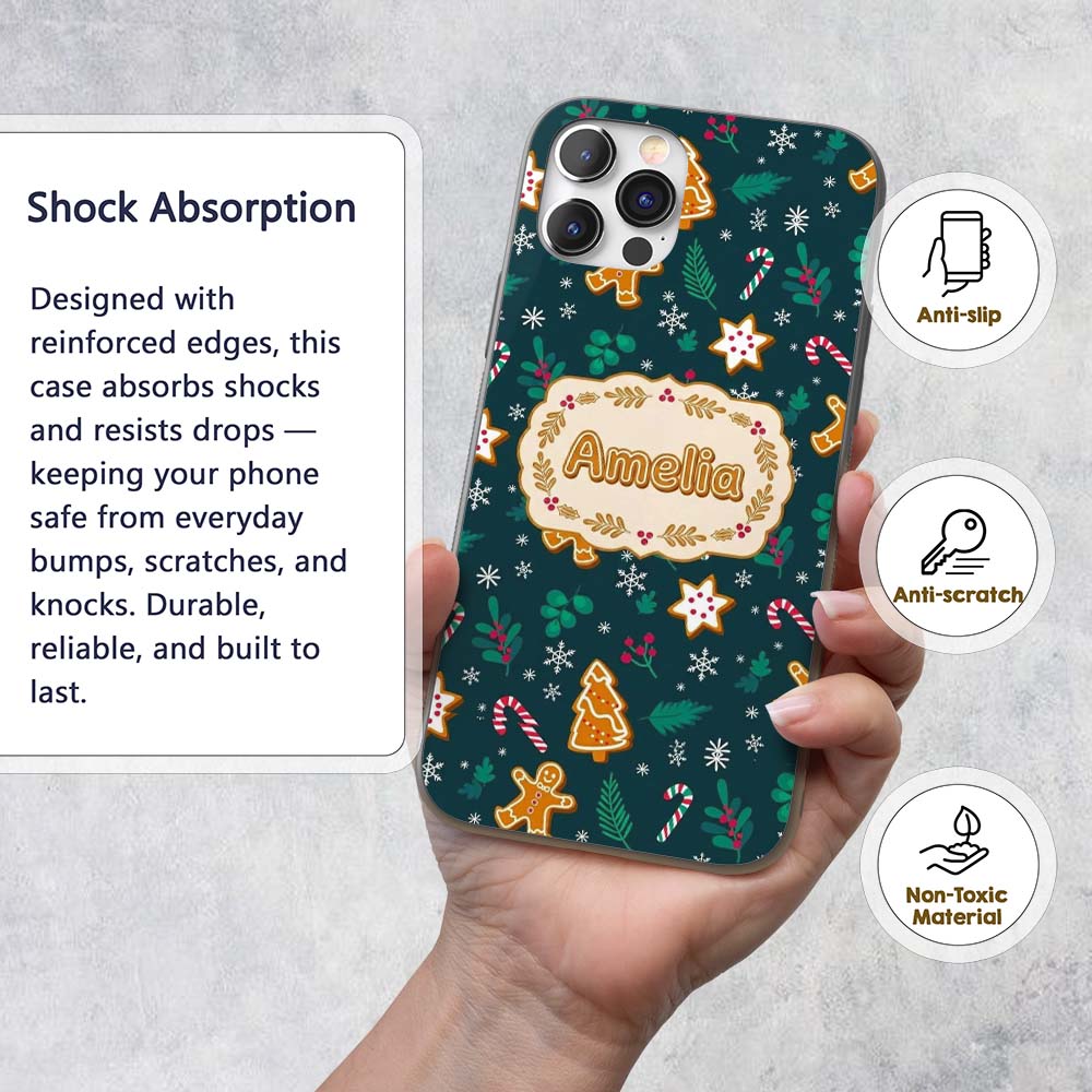 Cute Gingerbread Candy Cane Star Holly Seamless Custom Name Protective Phone Case Mobile Cover Durable Everyday Smartphone Shock Resistant
