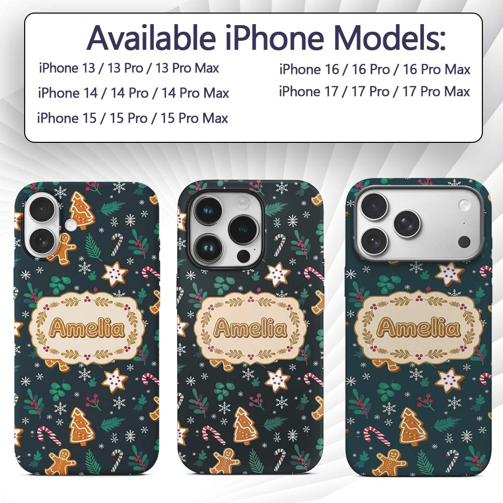 Cute Gingerbread Candy Cane Star Holly Seamless Custom Name Protective Phone Case Mobile Cover Durable Everyday Smartphone Shock Resistant