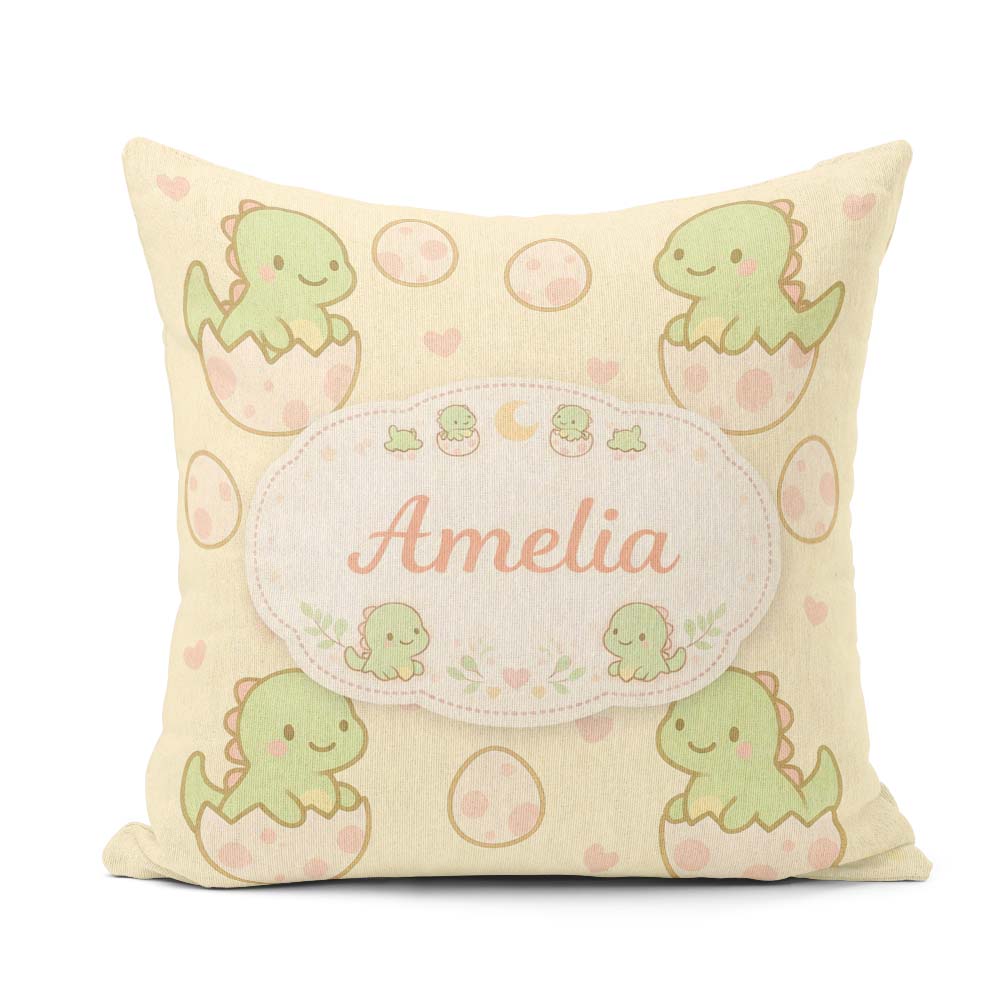 Custom Name Cute Baby Dinosaur Egg Cartoon Animal Pattern Cute Square Filled Cushion Throw Pillow Sofa Bed Home Decor Zip Washable UK Made