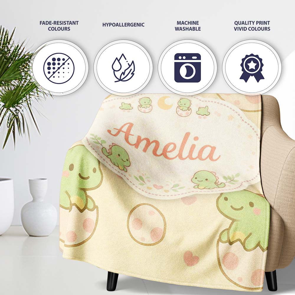 Cute Baby Dinosaur Egg Cartoon Animal Pattern Cute Unique Gift Personalised Custom Name Super Soft Fleece Blanket Bed Sofa Throw