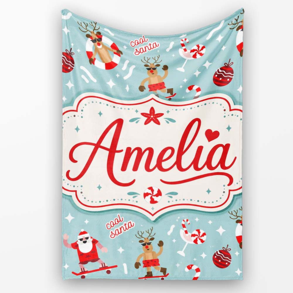 Cool Santa Reindeer Summer Holiday Seamless Pattern Fun Christmas Personalised Custom Name Super Soft Fleece Blanket Bed Sofa Throw
