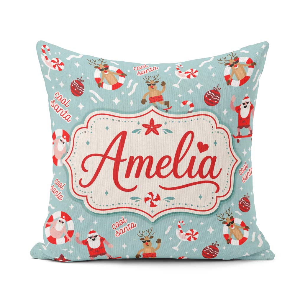 Custom Name Cool Santa Reindeer Summer Holiday Pattern Christmas Square Filled Cushion Throw Pillow Sofa Bed Home Decor Zip Washable UK Made