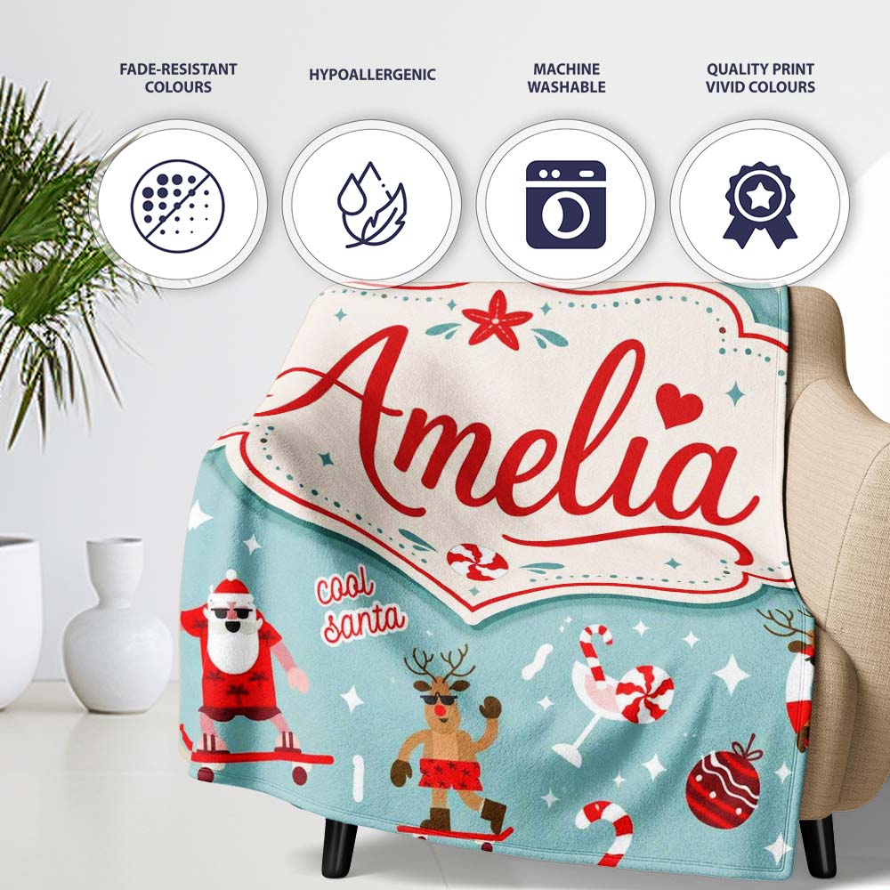 Cool Santa Reindeer Summer Holiday Seamless Pattern Fun Christmas Personalised Custom Name Super Soft Fleece Blanket Bed Sofa Throw