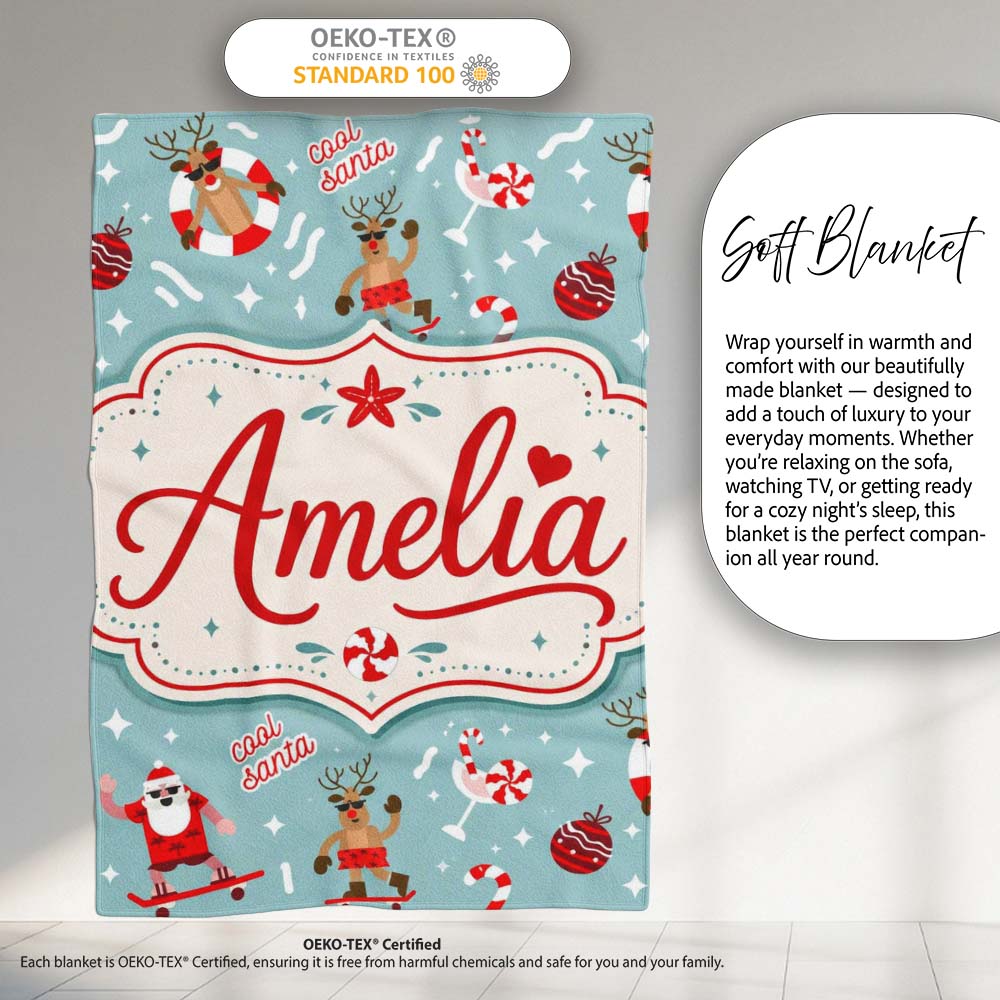 Cool Santa Reindeer Summer Holiday Seamless Pattern Fun Christmas Personalised Custom Name Super Soft Fleece Blanket Bed Sofa Throw