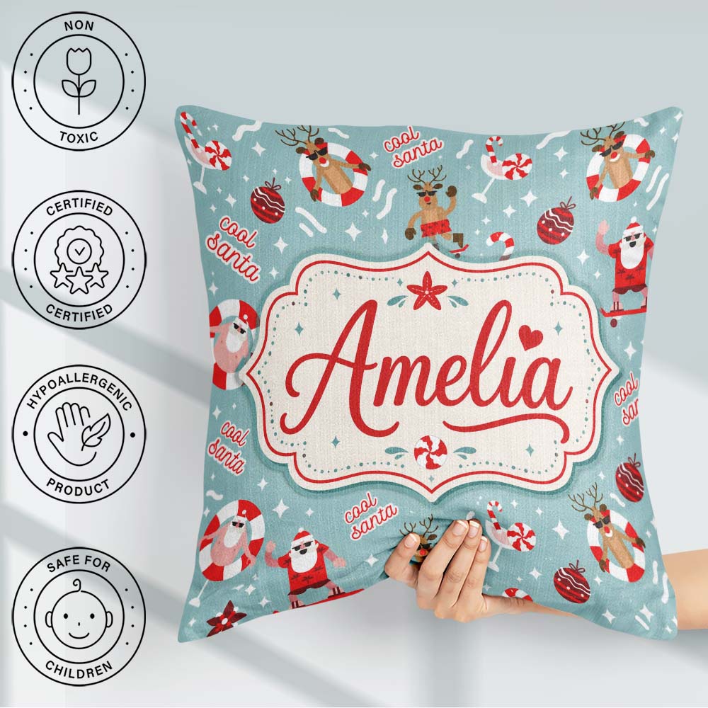 Custom Name Cool Santa Reindeer Summer Holiday Pattern Christmas Square Filled Cushion Throw Pillow Sofa Bed Home Decor Zip Washable UK Made