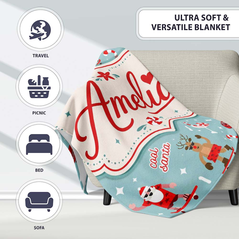 Cool Santa Reindeer Summer Holiday Seamless Pattern Fun Christmas Personalised Custom Name Super Soft Fleece Blanket Bed Sofa Throw