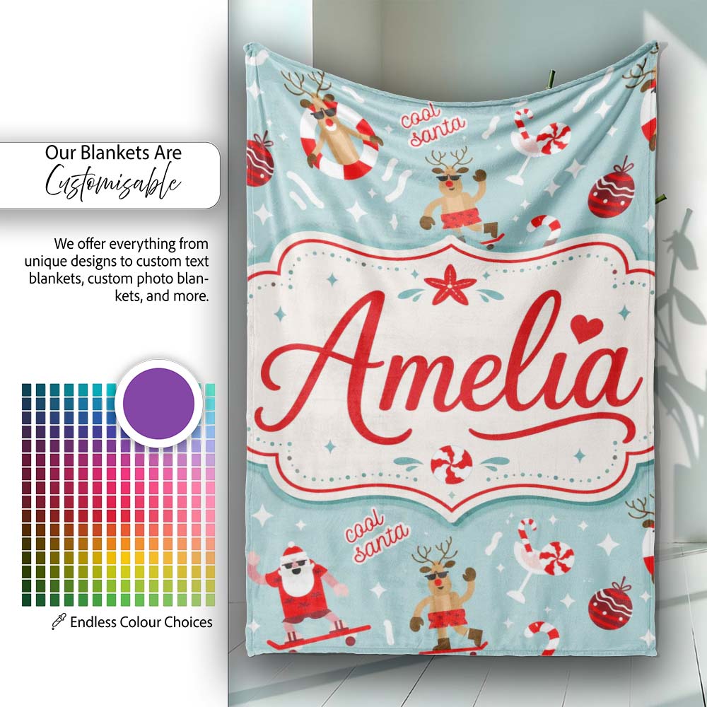 Cool Santa Reindeer Summer Holiday Seamless Pattern Fun Christmas Personalised Custom Name Super Soft Fleece Blanket Bed Sofa Throw