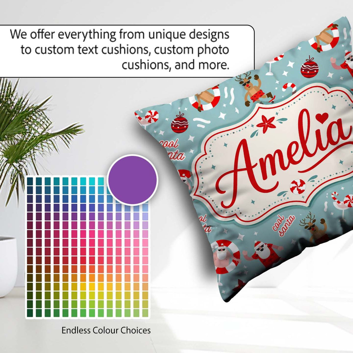 Custom Name Cool Santa Reindeer Summer Holiday Pattern Christmas Square Filled Cushion Throw Pillow Sofa Bed Home Decor Zip Washable UK Made