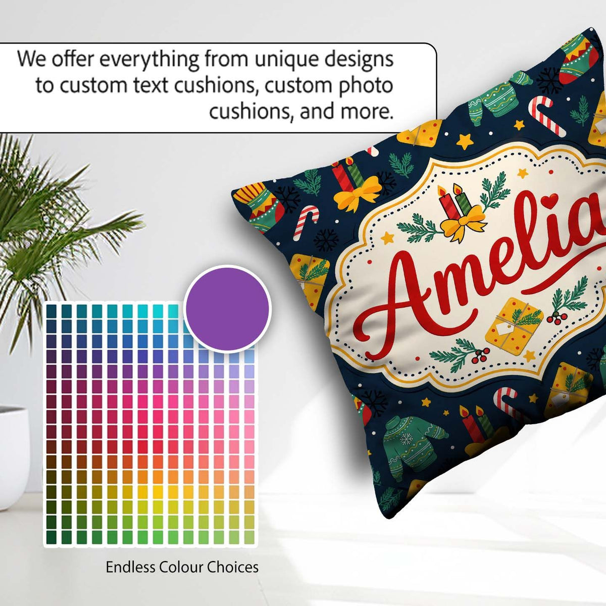 Custom Name Sweater Candle Candy Seamless Pattern Winter Holiday Square Filled Cushion Throw Pillow Sofa Bed Home Decor Zip Washable UK Made