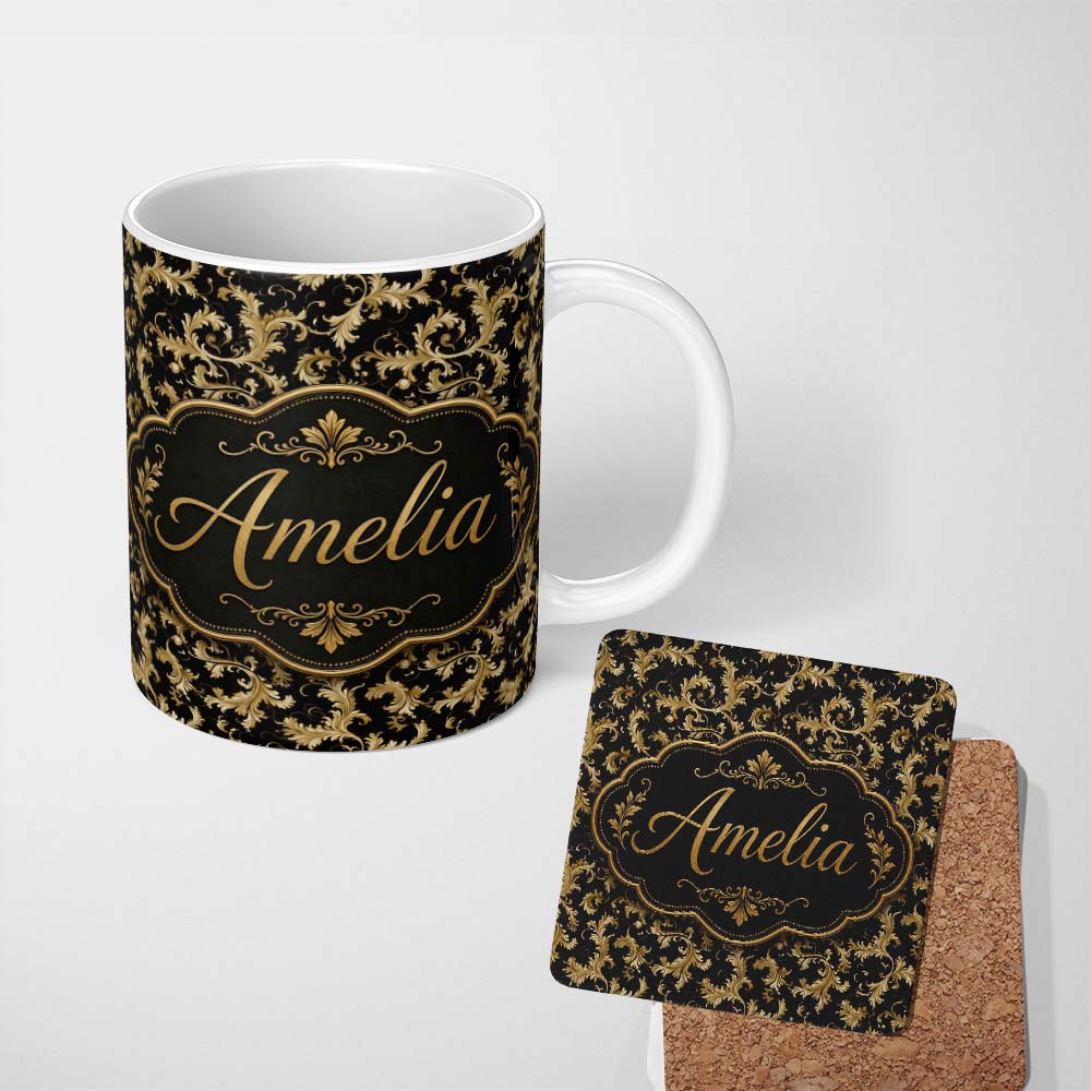 Personalized Custom Name Elegant Gold Baroque Scroll Damask Pattern on Black Background 11oz Ceramic Coffee Tea Mug White Large Handle
