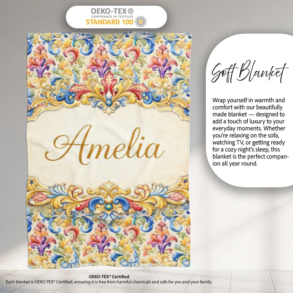 Colourful Rainbow Baroque Floral Bright Artistic Ornamental Design Personalised Custom Name Super Soft Fleece Blanket Bed Sofa Throw