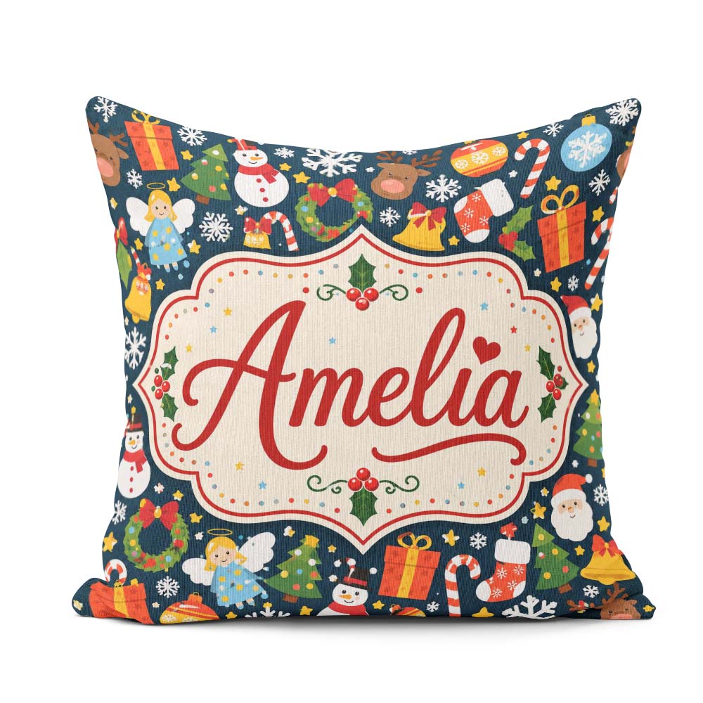Custom Name Cute Santa Snowman Reindeer Seamless Pattern Festive Square Filled Cushion Throw Pillow Sofa Bed Home Decor Zip Washable UK Made