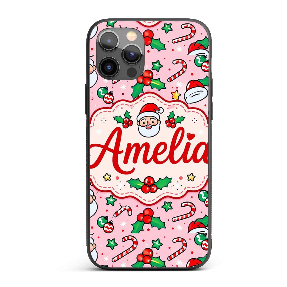 Cute Santa Holly Candy Cane Bauble Printed Design Custom Name Protective Phone Case Mobile Cover Durable Everyday Smartphone Shock Resistant