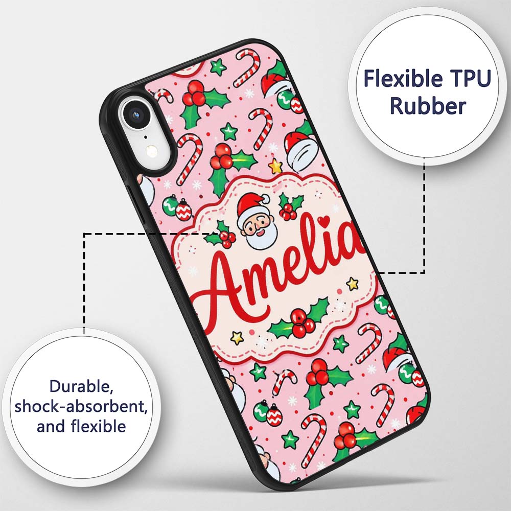 Cute Santa Holly Candy Cane Bauble Printed Design Custom Name Protective Phone Case Mobile Cover Durable Everyday Smartphone Shock Resistant