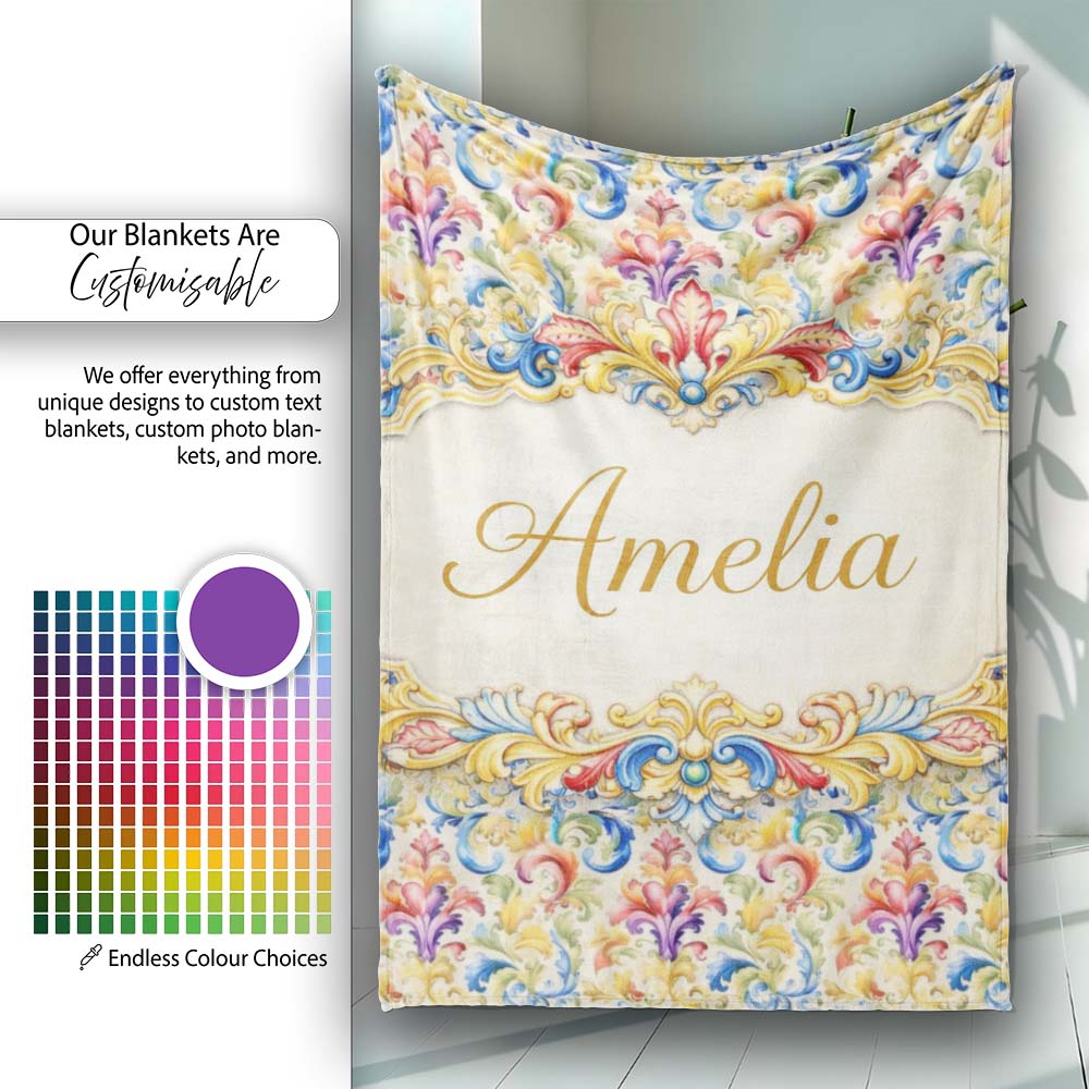 Colourful Rainbow Baroque Floral Bright Artistic Ornamental Design Personalised Custom Name Super Soft Fleece Blanket Bed Sofa Throw