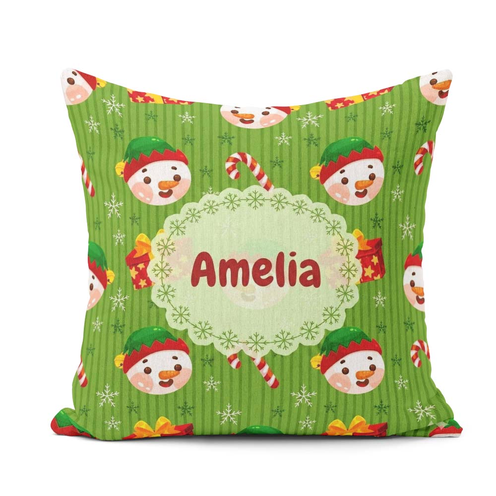Custom Name Cute Snowman Candy Cane Box Seamless Pattern Festive Square Filled Cushion Throw Pillow Sofa Bed Home Decor Zip Washable UK Made