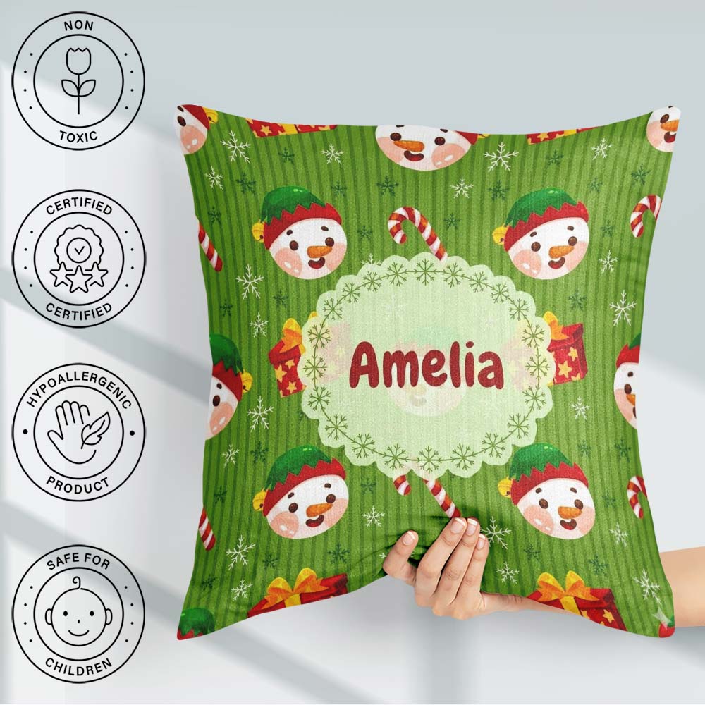 Custom Name Cute Snowman Candy Cane Box Seamless Pattern Festive Square Filled Cushion Throw Pillow Sofa Bed Home Decor Zip Washable UK Made