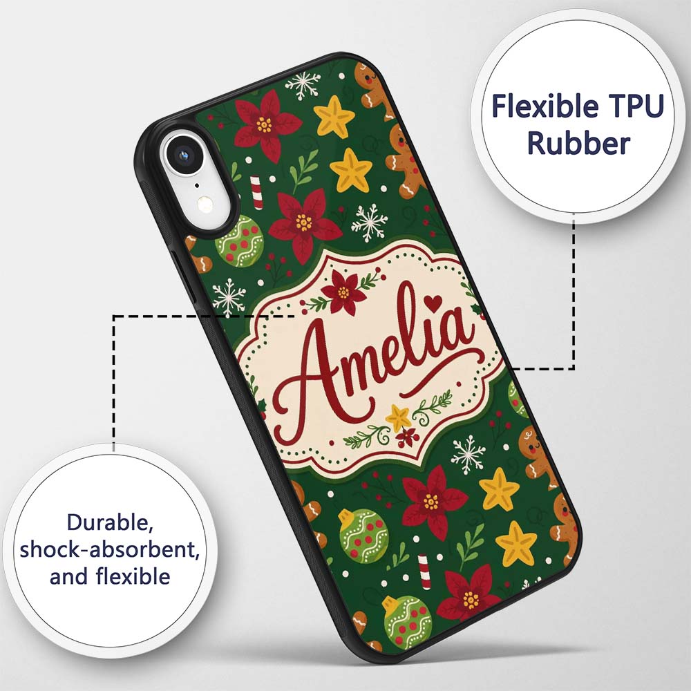 Cute Gingerbread Candy Cane Bauble Printed Design Custom Name Protective Phone Case Mobile Cover Durable Everyday Smartphone Shock Resistant
