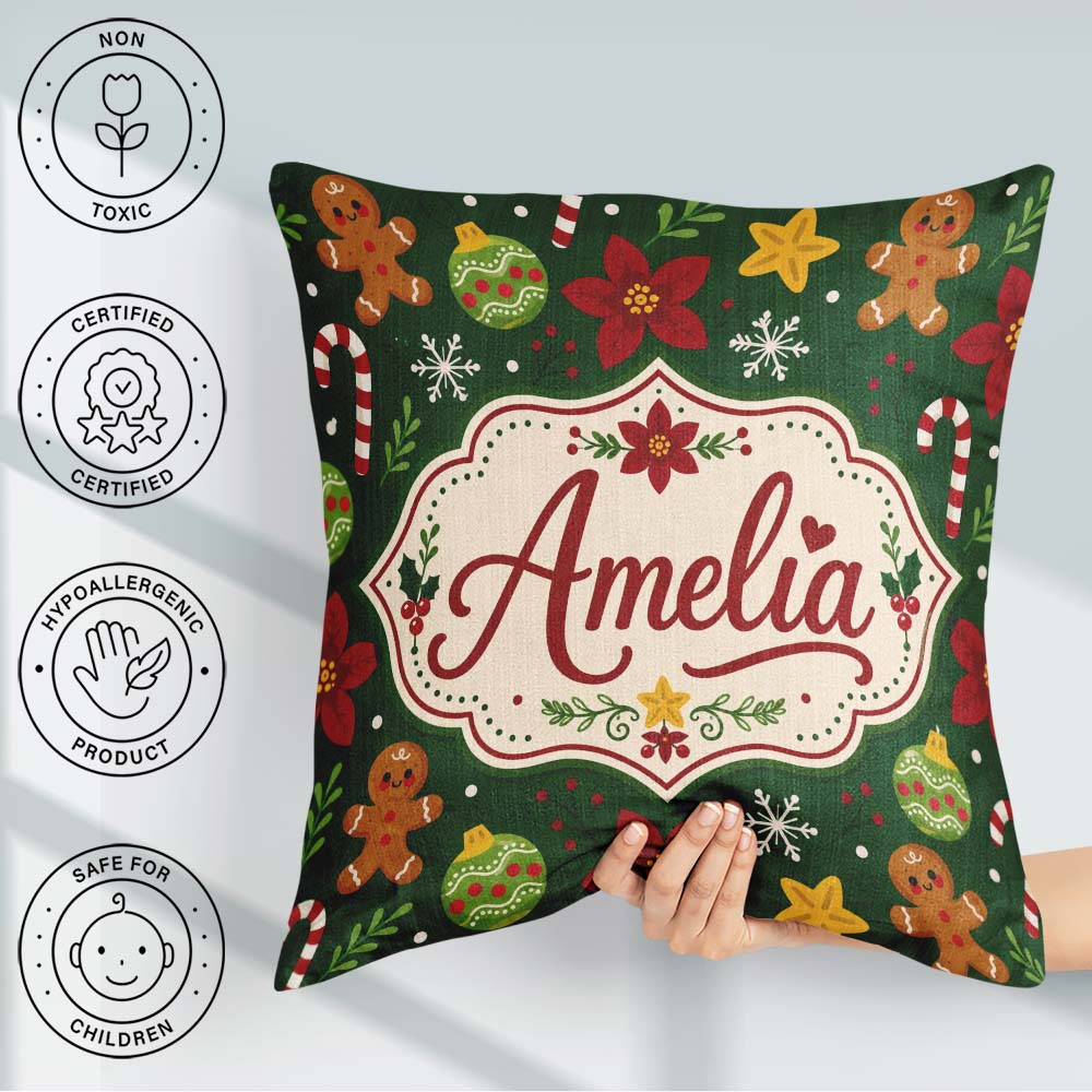 Custom Name Cute Candy Cane Bauble Flower Seamless Pattern Xmas Square Filled Cushion Throw Pillow Sofa Bed Home Decor Zip Washable UK Made