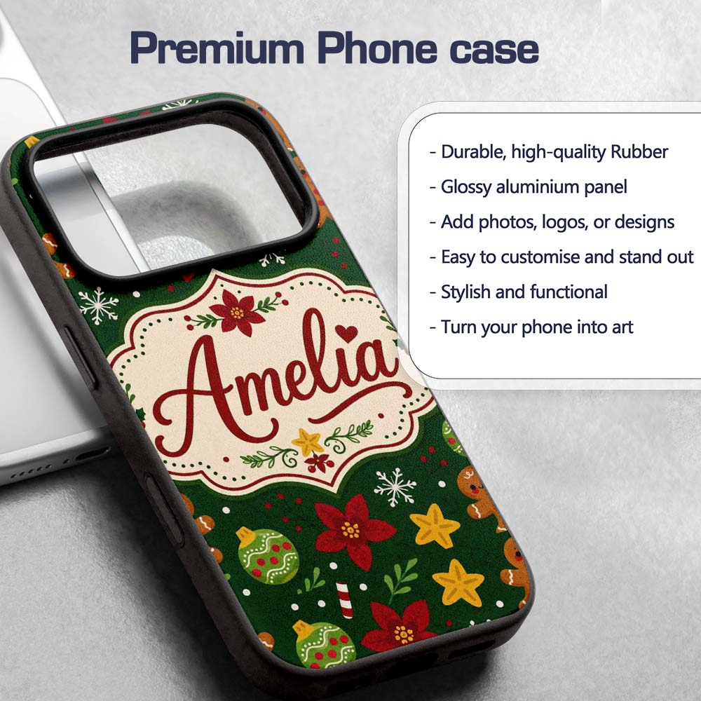 Cute Gingerbread Candy Cane Bauble Printed Design Custom Name Protective Phone Case Mobile Cover Durable Everyday Smartphone Shock Resistant