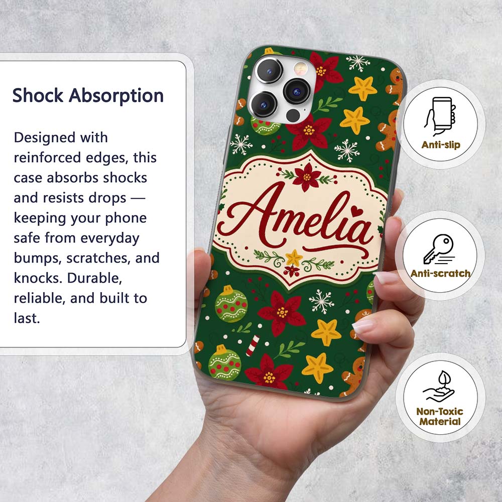 Cute Gingerbread Candy Cane Bauble Printed Design Custom Name Protective Phone Case Mobile Cover Durable Everyday Smartphone Shock Resistant