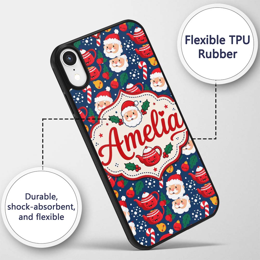 Cute Santa Teapot Candy Cane Holly Printed Design Custom Name Protective Phone Case Mobile Cover Durable Everyday Smartphone Shock Resistant