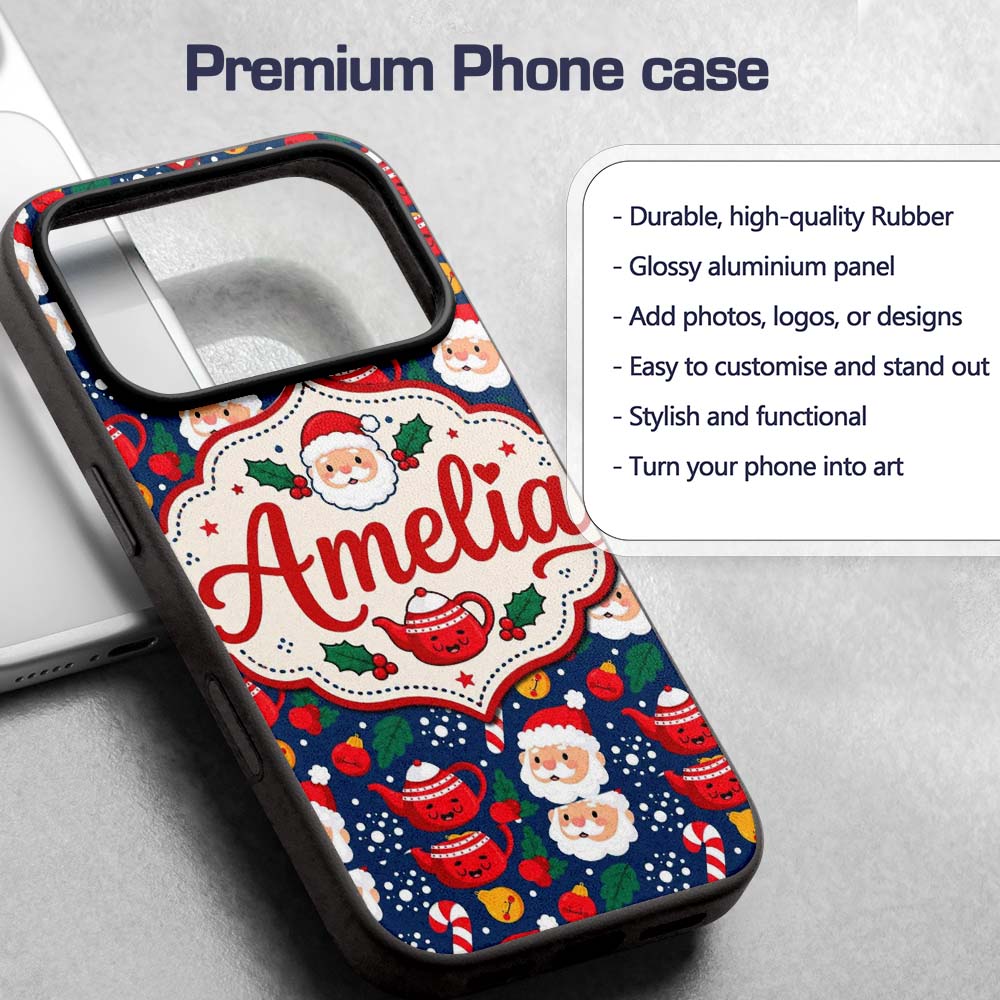 Cute Santa Teapot Candy Cane Holly Printed Design Custom Name Protective Phone Case Mobile Cover Durable Everyday Smartphone Shock Resistant